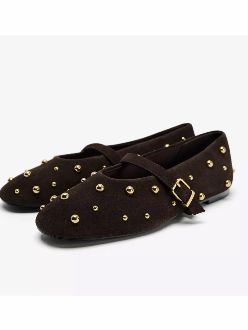 Zara Dark Brown Mary Jane Flats with Gold Studs